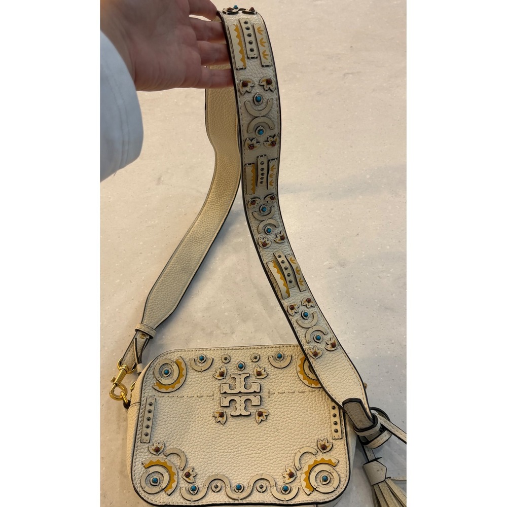 Tory Burch McGraw Mixed Materials Camera Bag White Leather Crossbody Tassels - Picture 9 of 13